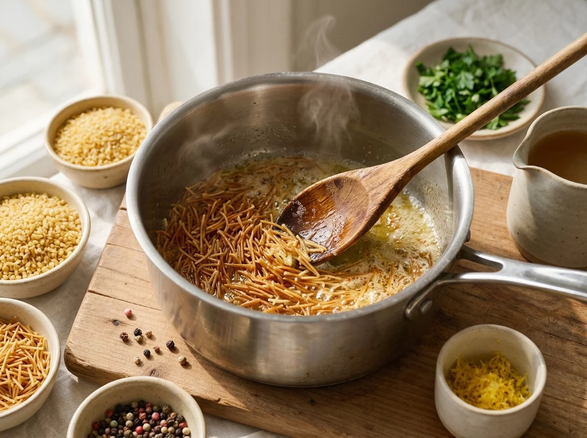 Broken vermicelli noodles toasting to golden brown in melted butter in a saucepan, wooden spoon stirring through steam