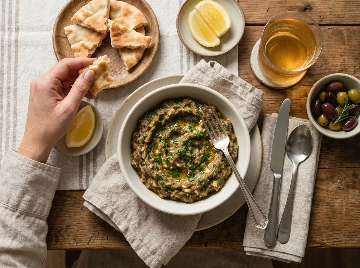 Small kitchen table scene with a linen napkin and a hand tearing pita bread to dip into a bowl of eggplant dip
