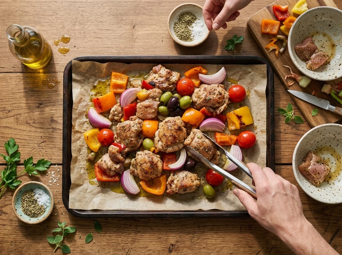 Hands using tongs to arrange marinated chicken cubes between raw pepper and onion pieces on a lined baking sheet