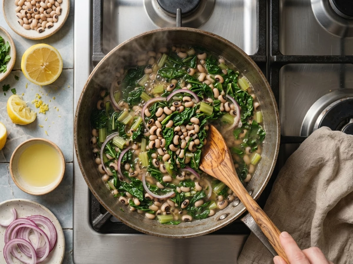Black-eyed peas and chopped chard simmering in broth in a saucepan, wooden spoon stirring through the steam