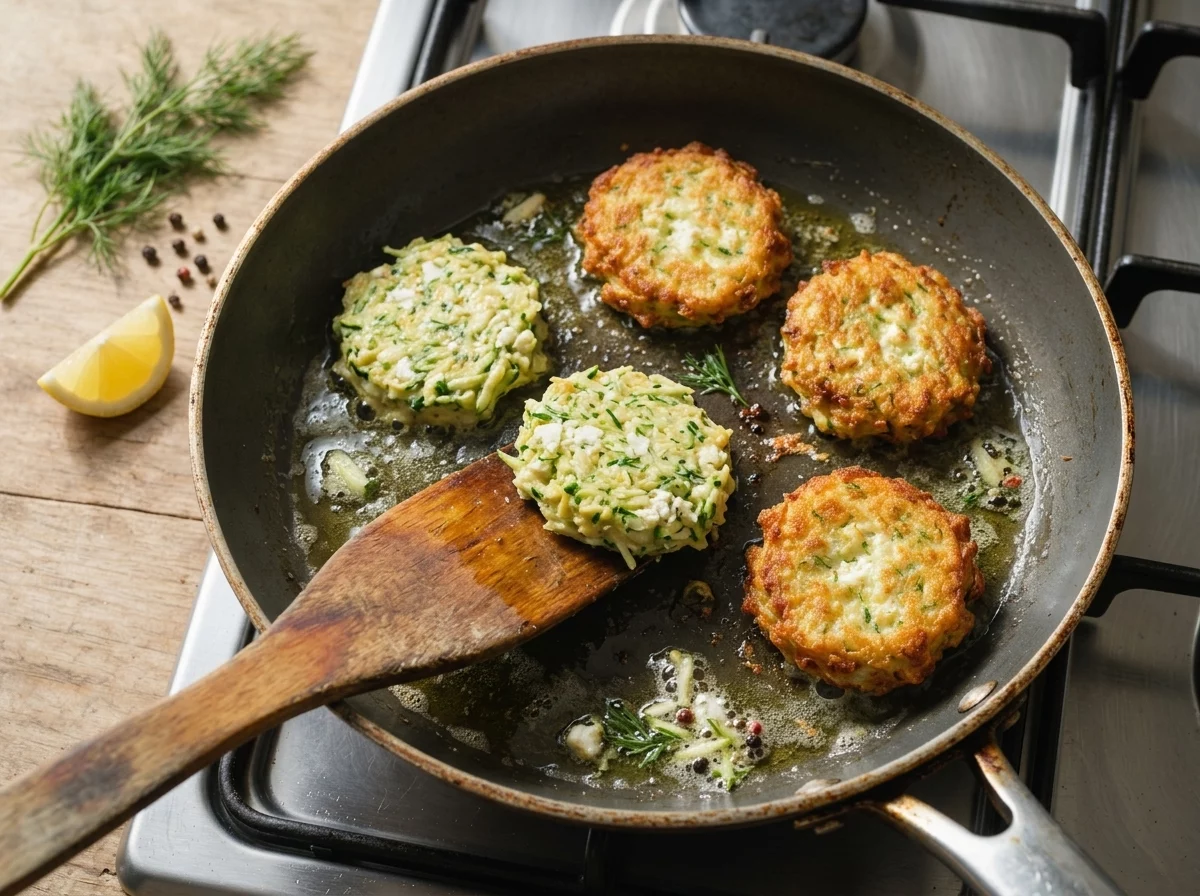 Zucchini and feta batter frying in a nonstick skillet, one fritter being flipped with a slotted spatula, oil sizzling