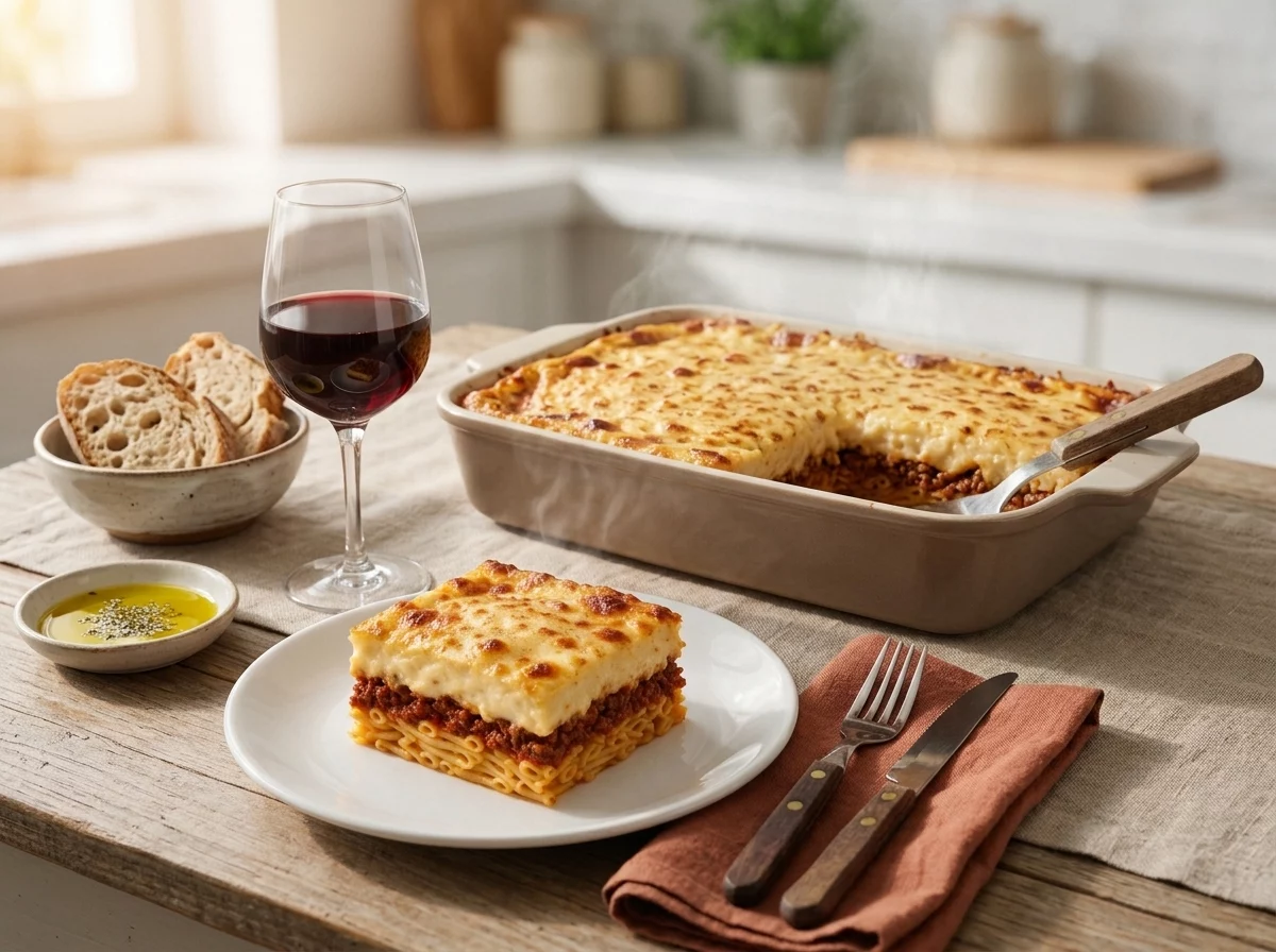 Baking dish of makaronia tou fournou on a linen tablecloth with a square being lifted out, wine glass and bread on the side