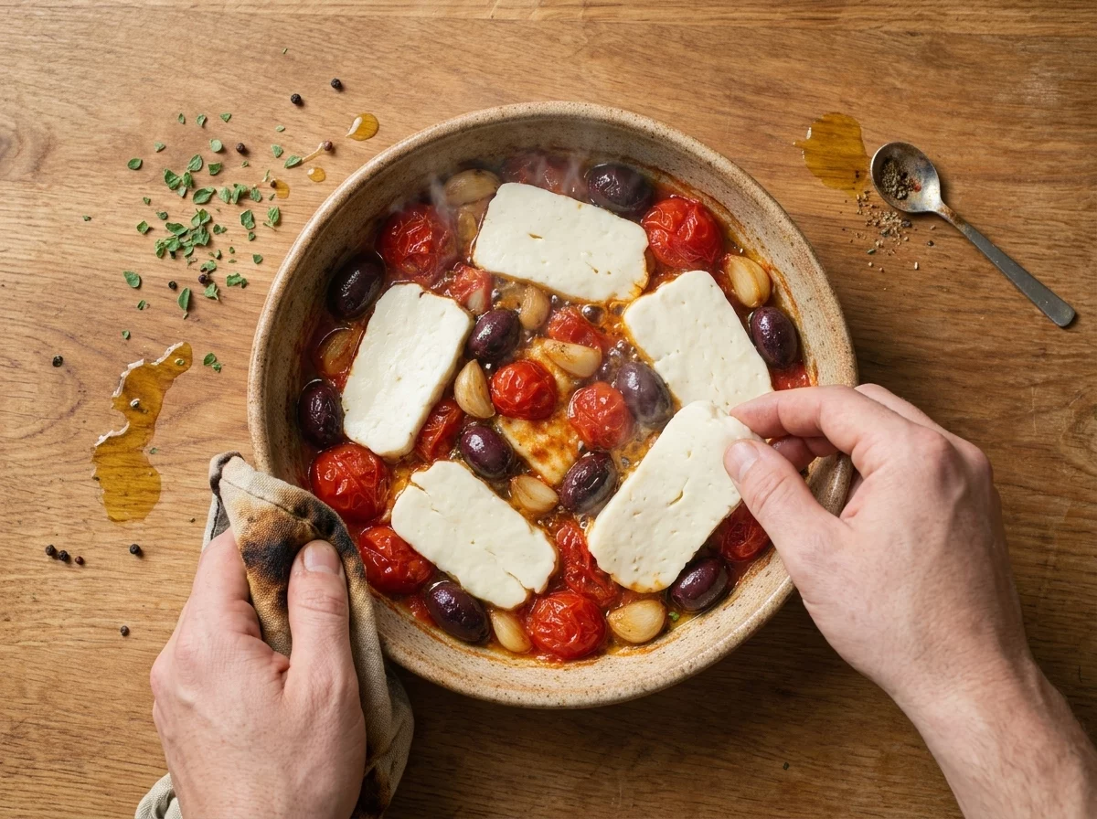 Hands nestling raw halloumi slices into a bubbling dish of roasted cherry tomatoes, garlic, and olives straight from the oven