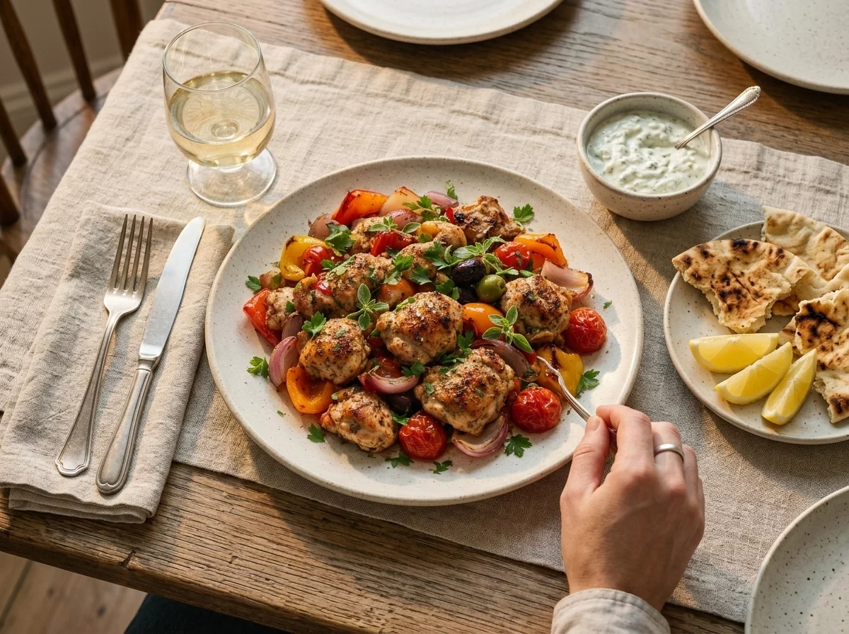 Table set with torn pita, a bowl of tzatziki, and a plate of chicken souvlaki with lemon wedges in warm evening light