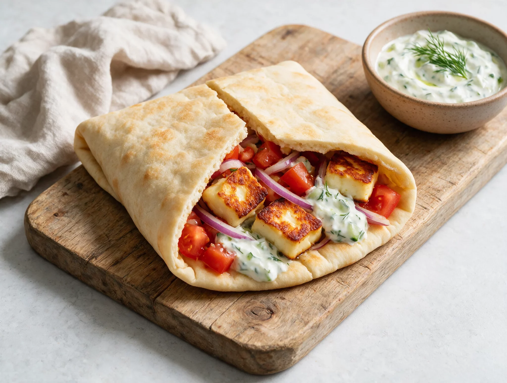Golden seared halloumi, tomato, and tzatziki spilling out of a folded pita wrap on a wooden board