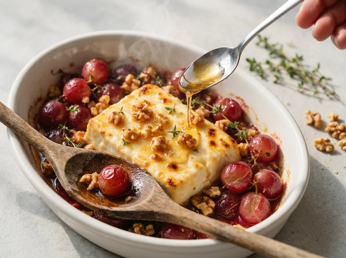Hand drizzling warm honey over a roasted feta block and grapes still steaming in the baking dish, thyme scattered on top.