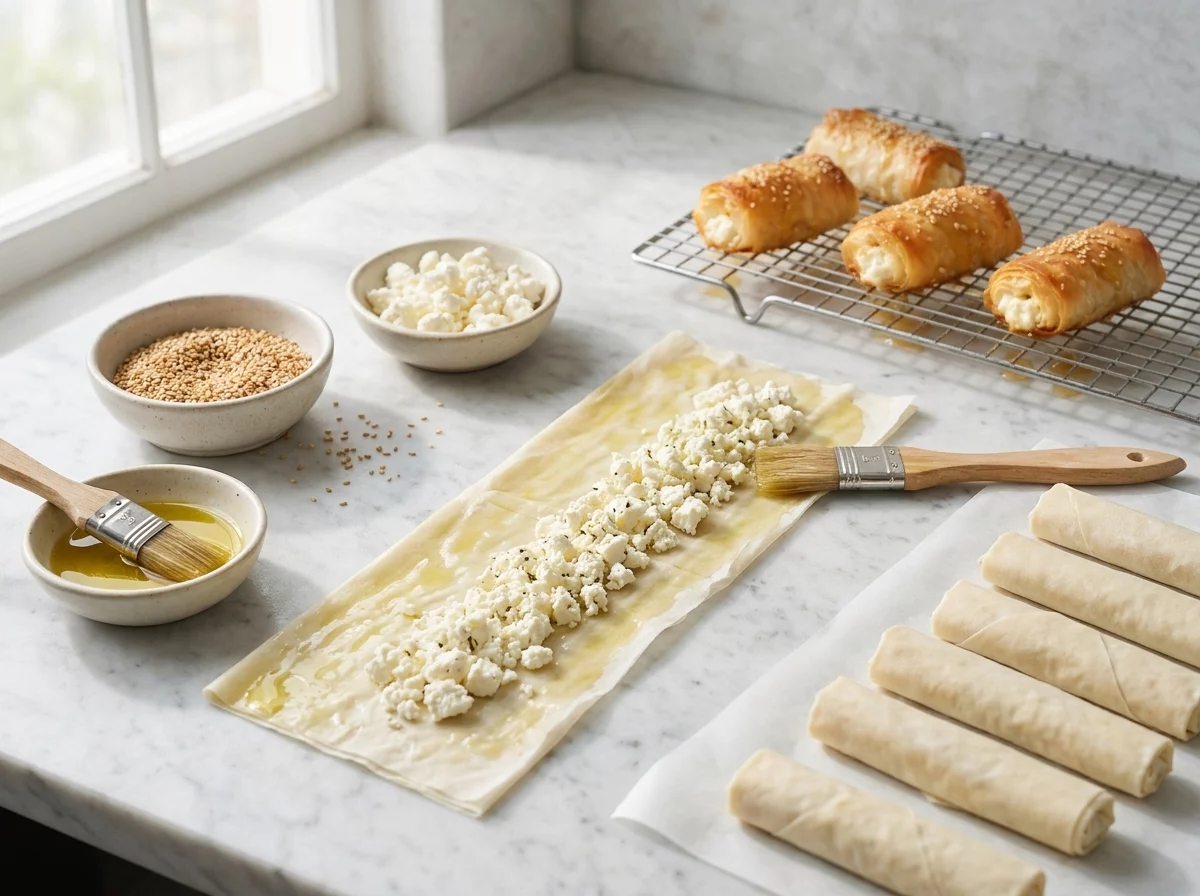 Hands rolling a feta-filled phyllo strip into a tight cigar shape on a marble countertop before baking.