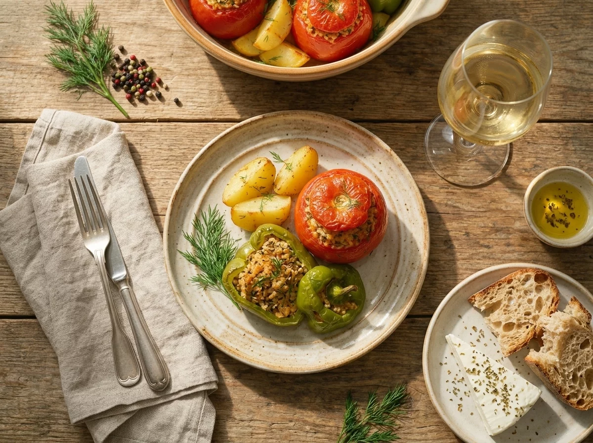 Plate of stuffed tomato and pepper with feta and crusty bread on a linen napkin at a rustic table.