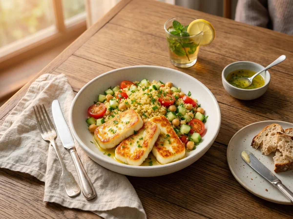 Two hands reaching for a halloumi grain bowl on a linen-covered table, with lemon wedges and iced tea nearby.