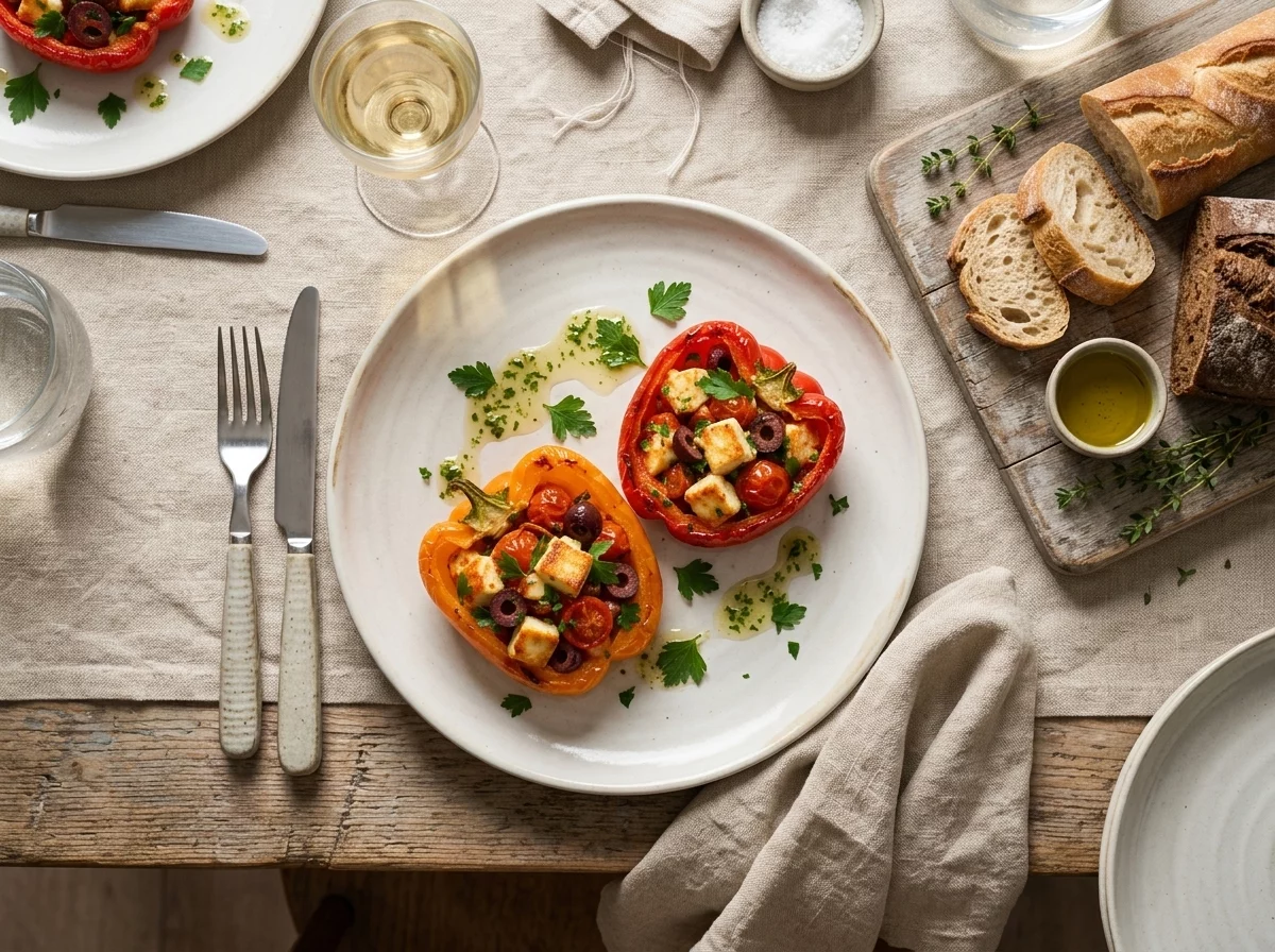 Two plates of halloumi-stuffed peppers on a linen tablecloth with crusty bread and a glass of white wine at golden hour