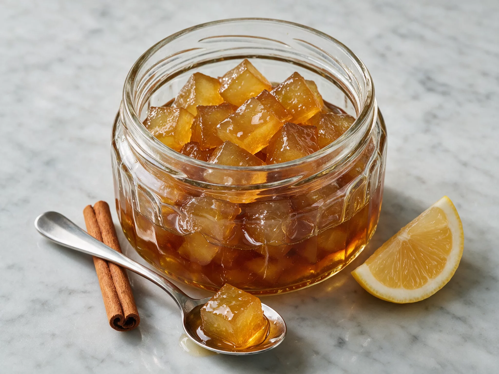 Glass jar of amber Cypriot watermelon rind spoon sweet in thick syrup, cinnamon stick and spoon on a marble counter