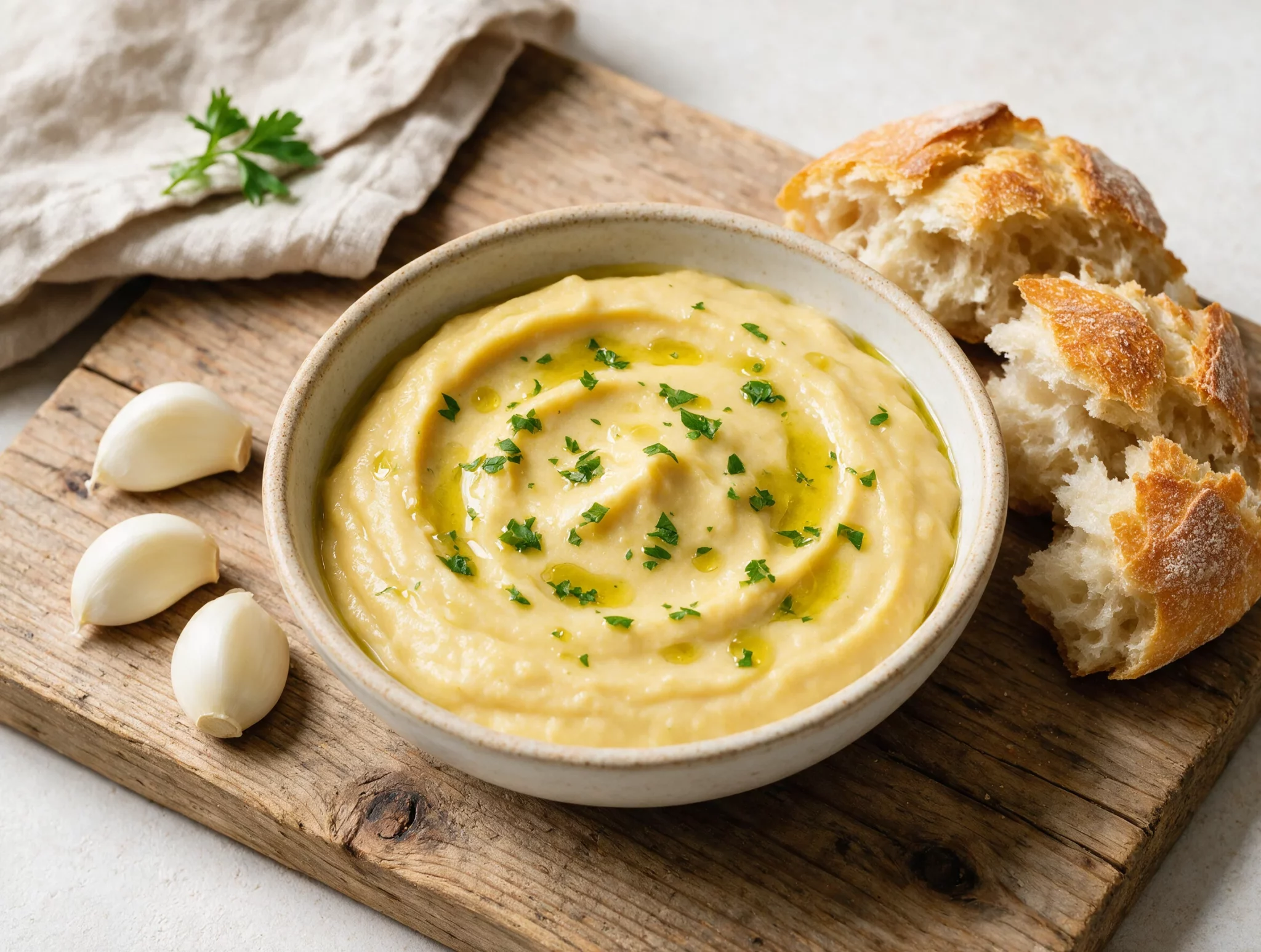 Bowl of pale golden skordalia dip drizzled with olive oil and parsley, set on a rustic wooden board with torn bread.