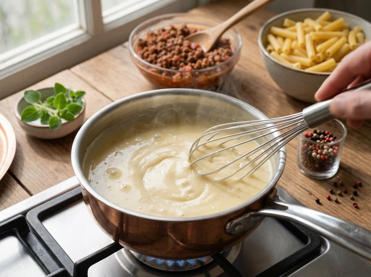 Whisking thick, pale bechamel sauce in a saucepan on the stove before it's poured over the pastitsio.