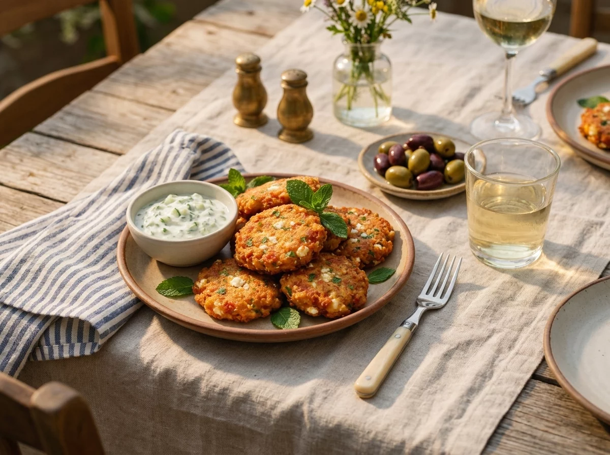 Linen table set outdoors with a plate of tomato fritters, olives, and a glass of white wine at golden hour