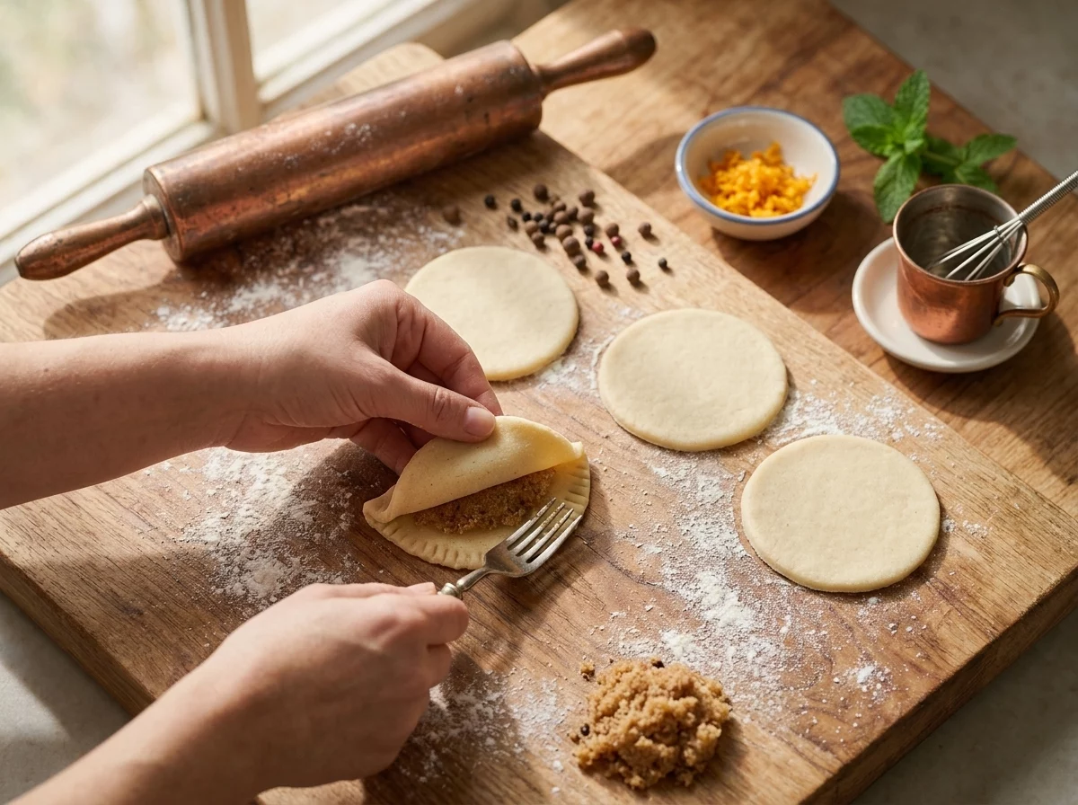 Hands sealing a semolina dough half-moon around spiced filling on a flour-dusted wooden board with a rolling pin nearby.