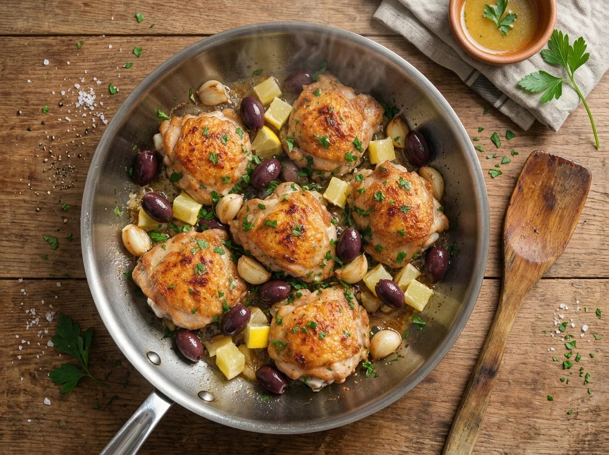 Chicken thighs searing skin-side down in a hot skillet, skin turning golden and crisp, steam rising.