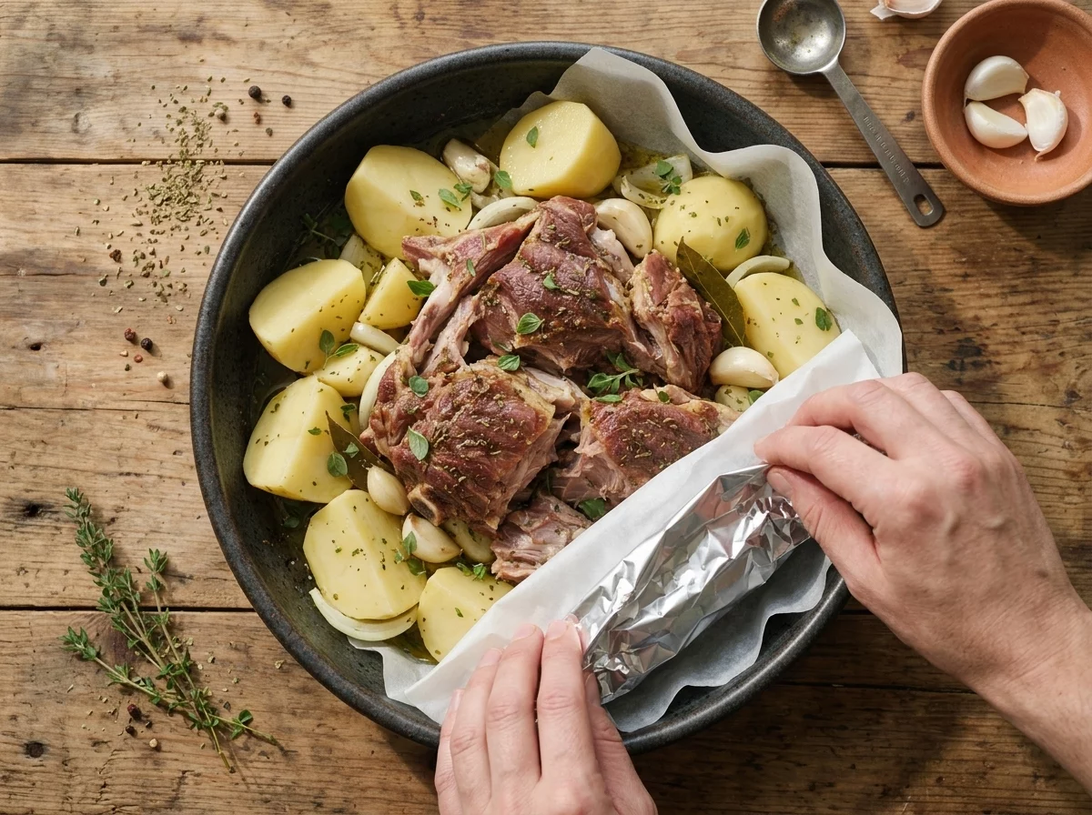 Hands sealing parchment and foil over raw marinated lamb, potatoes and garlic cloves in a roasting dish before it goes in the oven