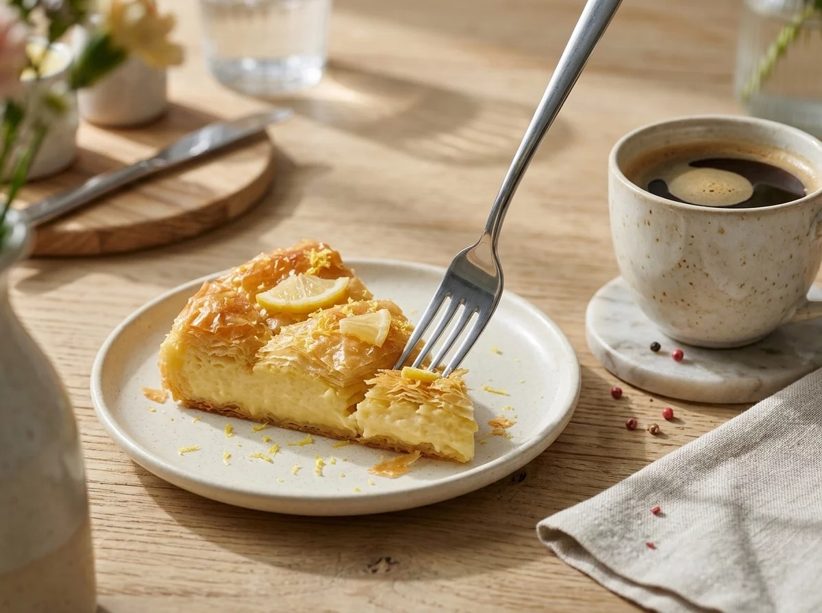 A slice of lemon phyllo pie on a white plate beside a cup of coffee and a linen napkin on a wood table.