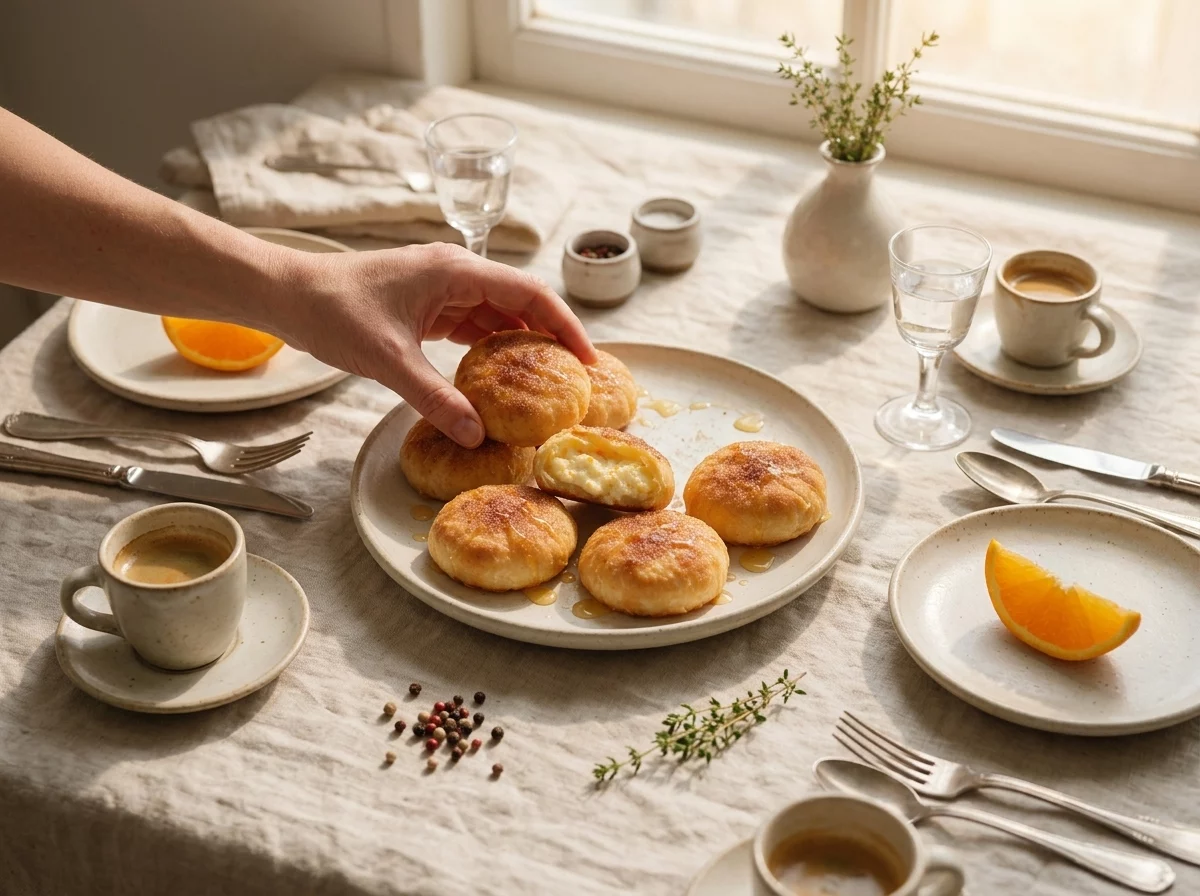 A platter of anari cheese pastries served alongside small cups of coffee on a linen-covered table