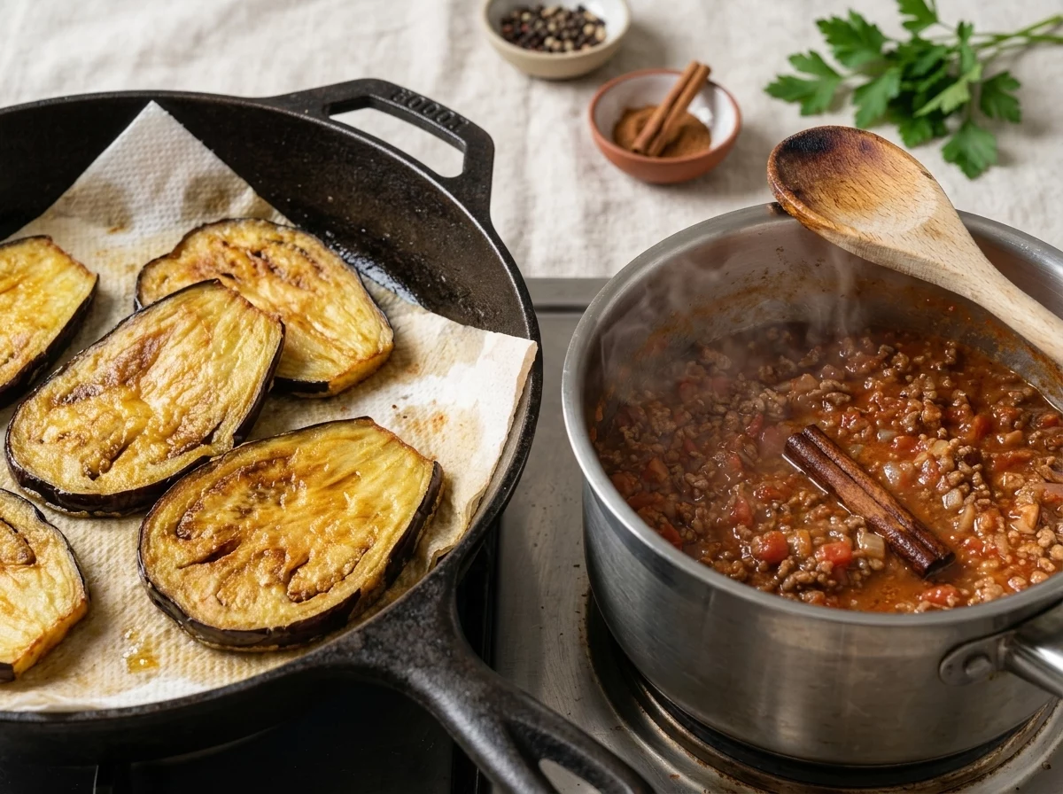 Golden fried eggplant slices draining on paper towels beside a pot of simmering spiced beef sauce on the stove.