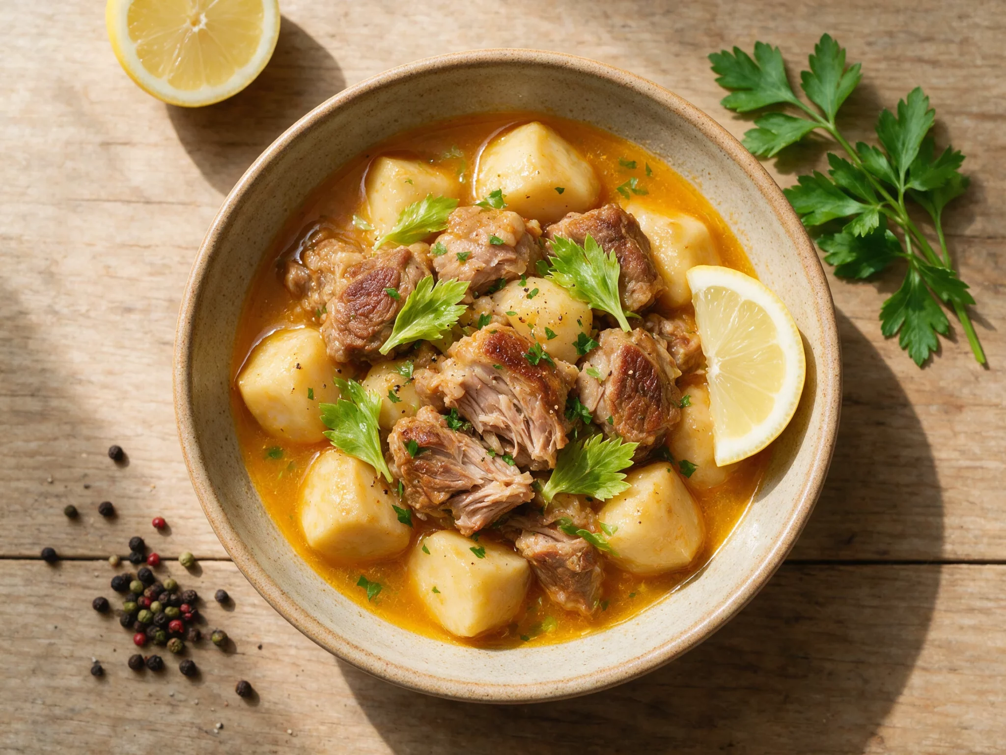 Cypriot Braised Pork and Kolokasi Stew with Fresh Lemon