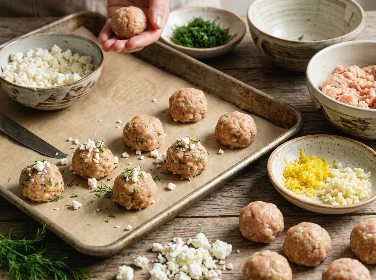 Hands rolling raw chicken meatball mixture flecked with feta and dill into balls on a parchment-lined sheet pan