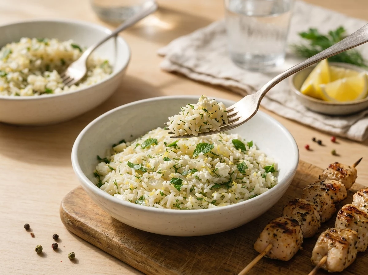 Two bowls of lemon herb rice served alongside grilled chicken skewers on a wooden table in daylight.