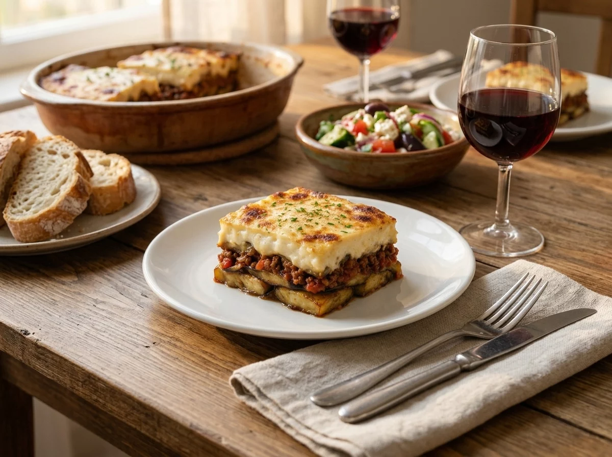 A rustic table with a baking dish of sliced moussaka, a Greek salad bowl, crusty bread, and two glasses of red wine.