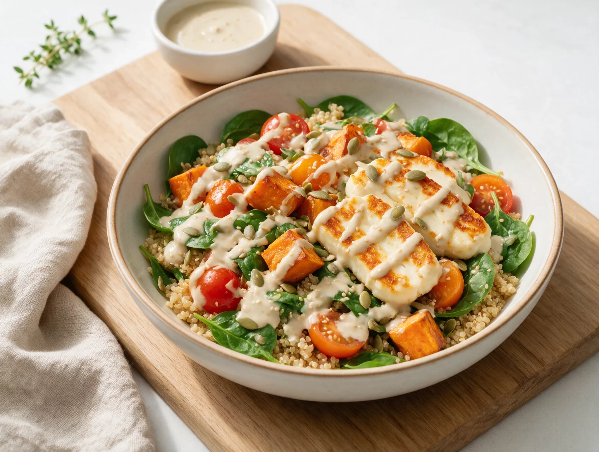 Warm Crispy Halloumi and Roasted Sweet Potato Bowls