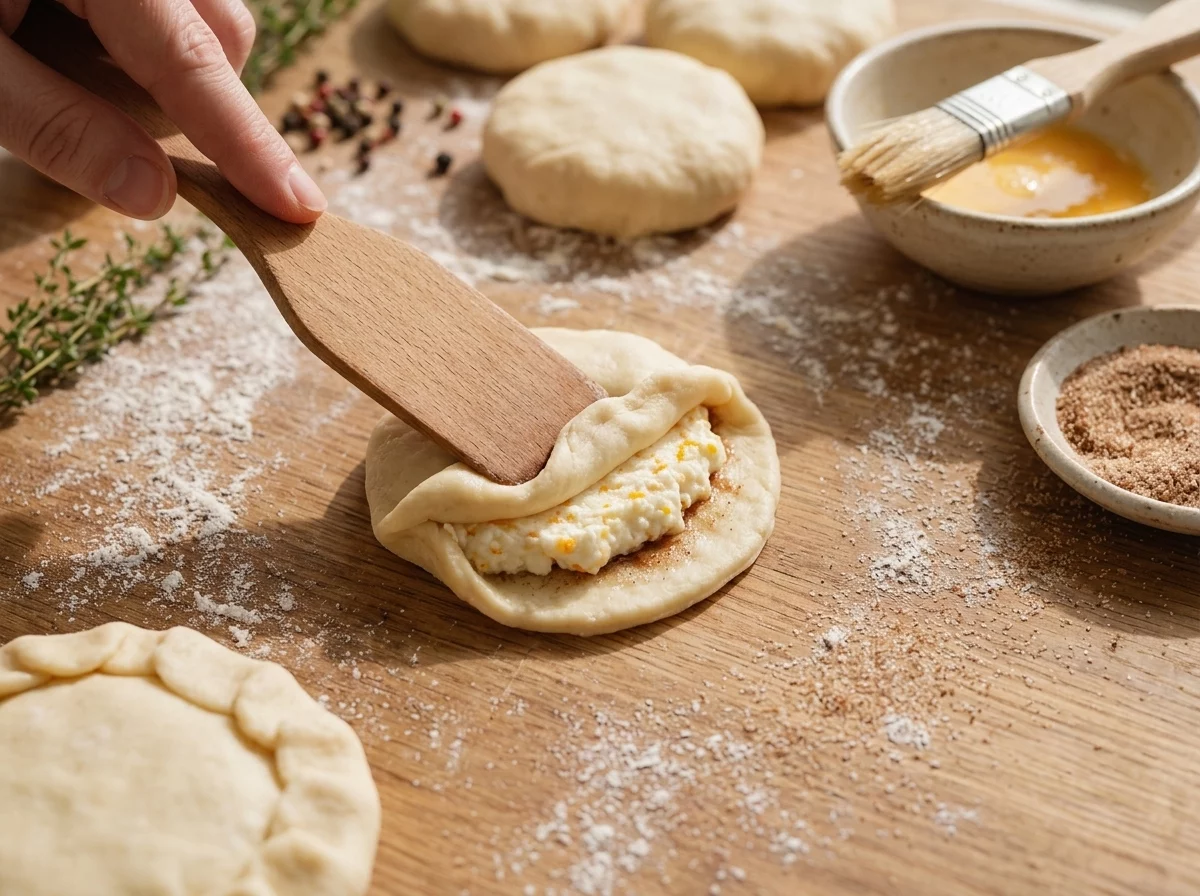 Hands folding a round of dough over spiced anari cheese filling on a floured wooden countertop before baking
