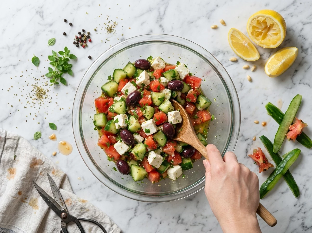 Hands tossing diced cucumber, tomato, and cubed feta with a wooden spoon in a glass mixing bowl.
