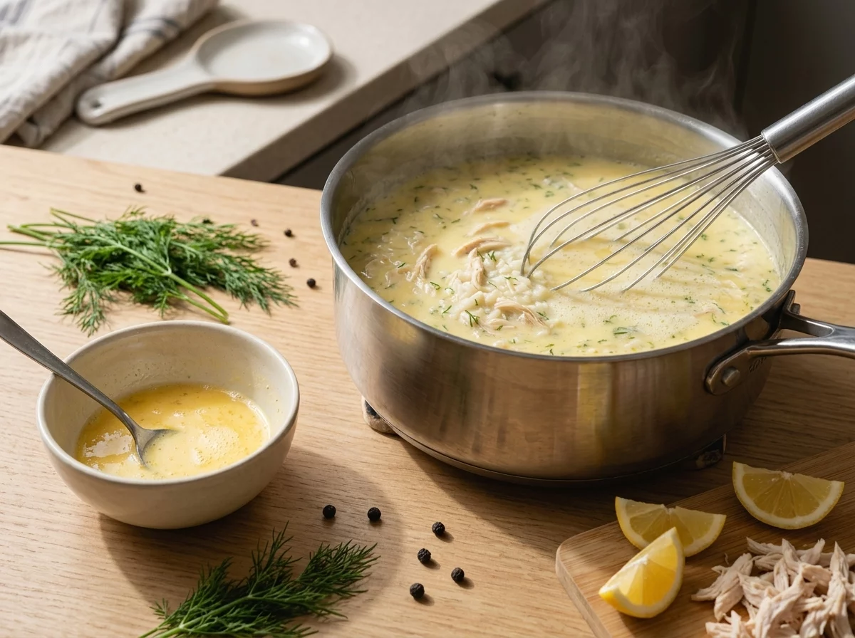 Whisking hot broth into beaten eggs and lemon juice to temper the sauce before stirring it into the soup pot