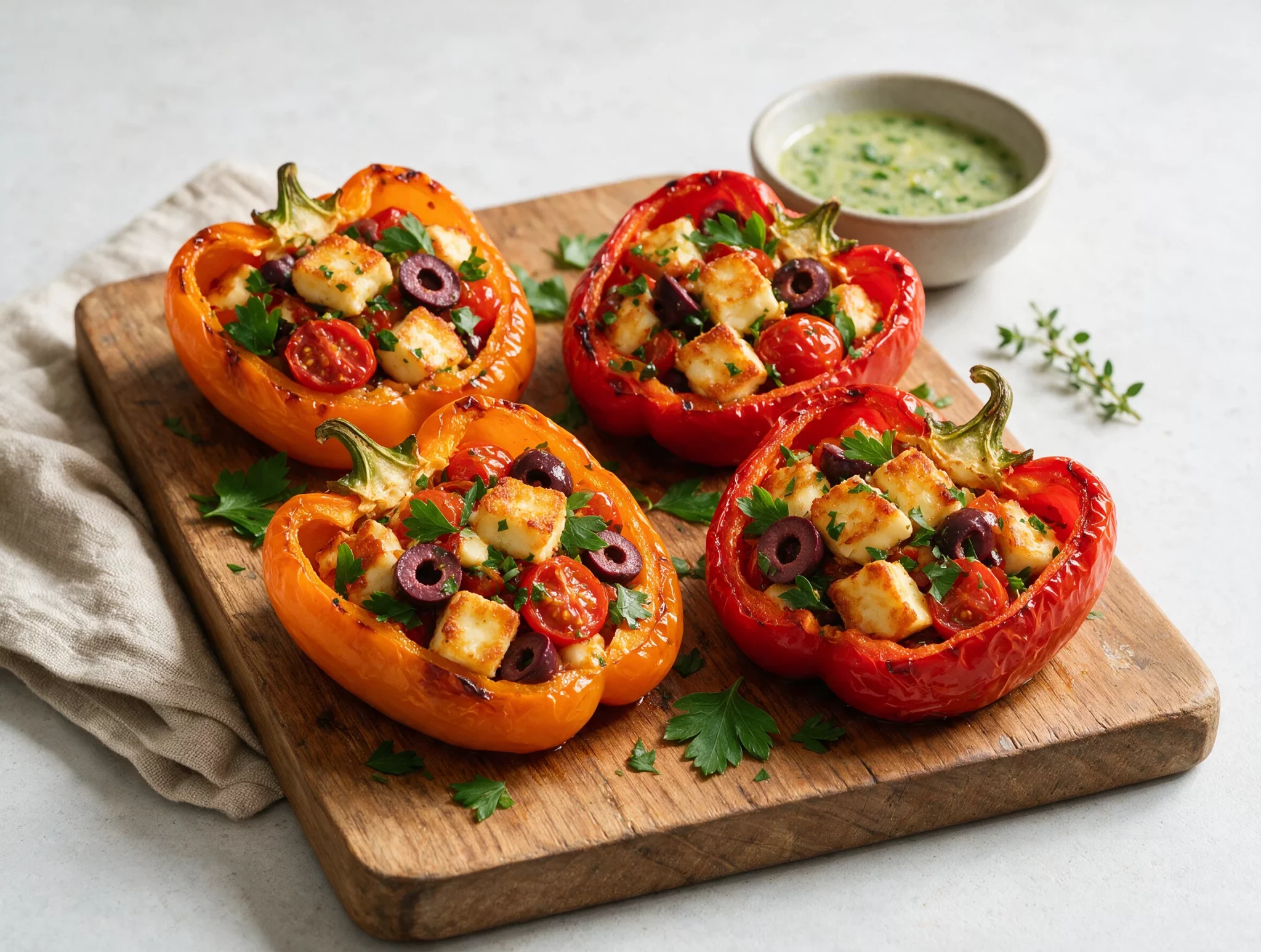 Overhead view of oven-baked halloumi-stuffed Mediterranean peppers with golden cheese and tomatoes on a wooden board