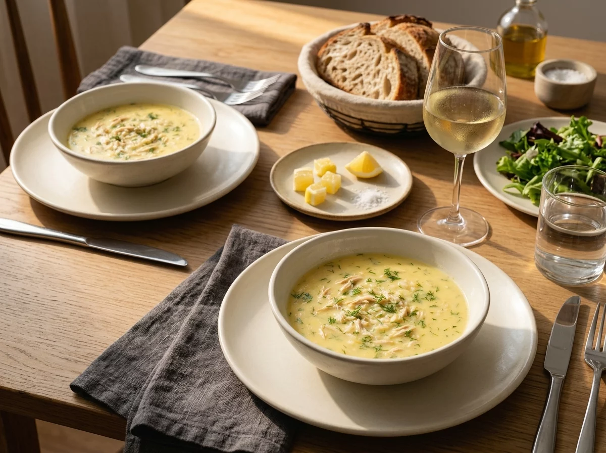 Two bowls of avgolemono soup on a linen table with crusty bread, lemon wedges, and a glass of white wine
