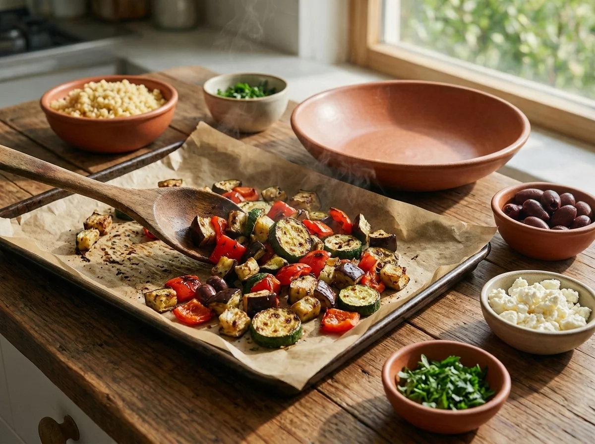 Close-up of charred zucchini, peppers, and eggplant being tossed on a parchment-lined sheet pan straight from the oven.