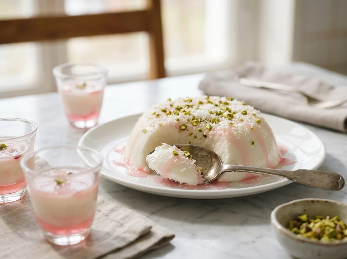 Two glass cups of rosewater pudding on a linen napkin, fresh mint and pistachios scattered on a wooden table.