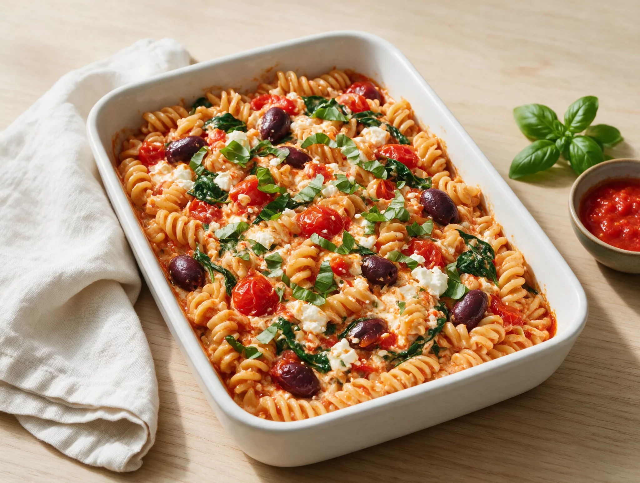 Baked Feta Pasta with Kalamata Olives and Spinach