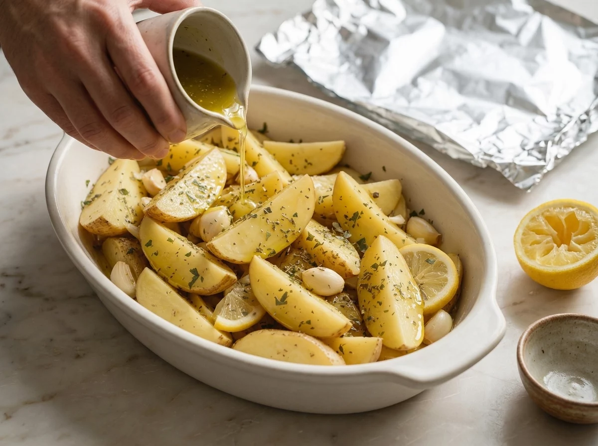 Hand pouring lemon garlic broth over raw potato wedges in a baking dish before covering with foil to roast in the oven.