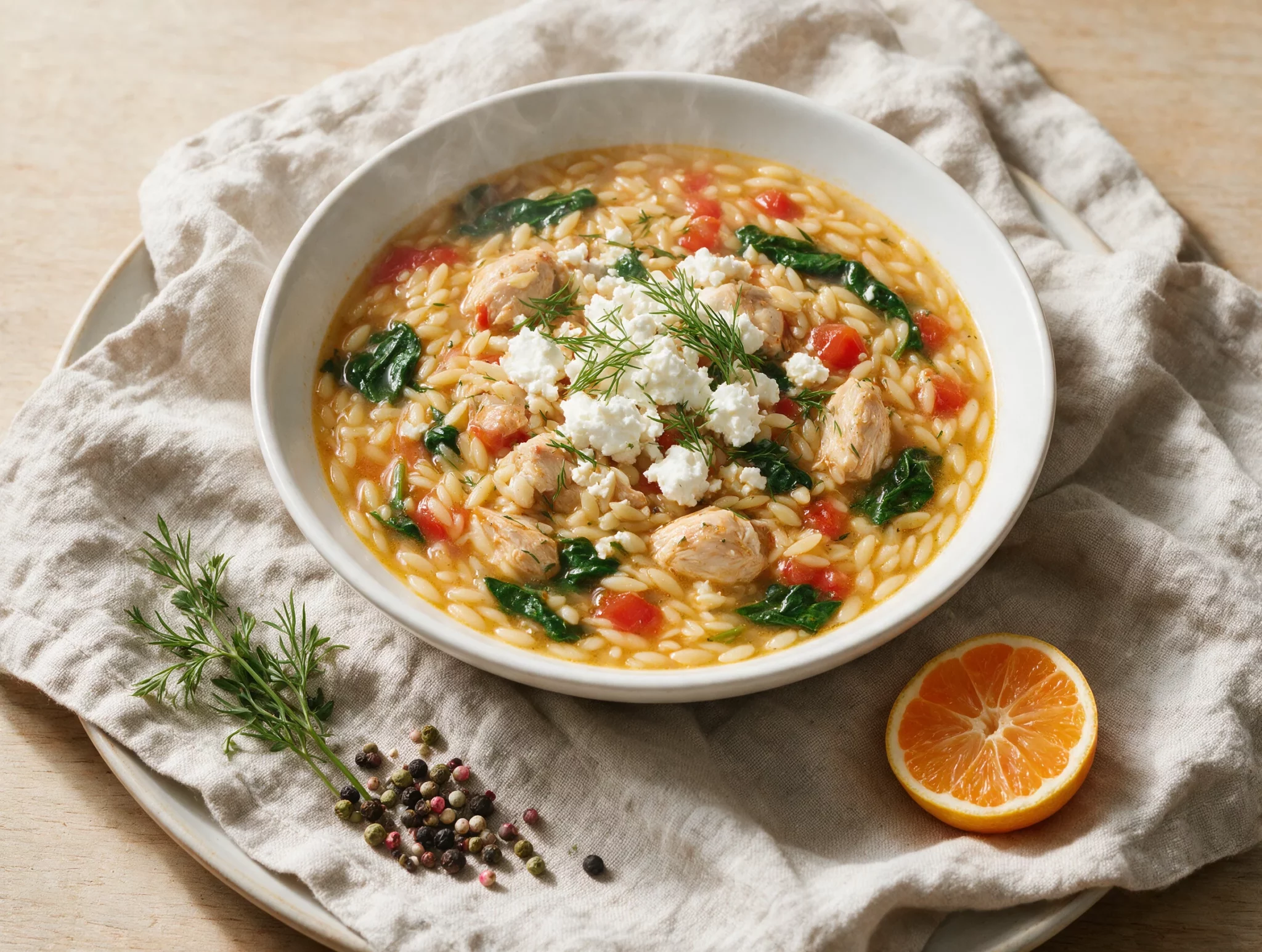 Cozy Mediterranean Chicken Orzo Soup with Feta and Lemon