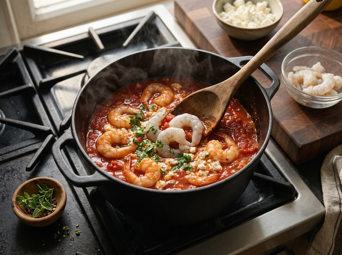 Raw shrimp being nestled into simmering tomato sauce in a cast iron skillet with a wooden spoon resting on the edge