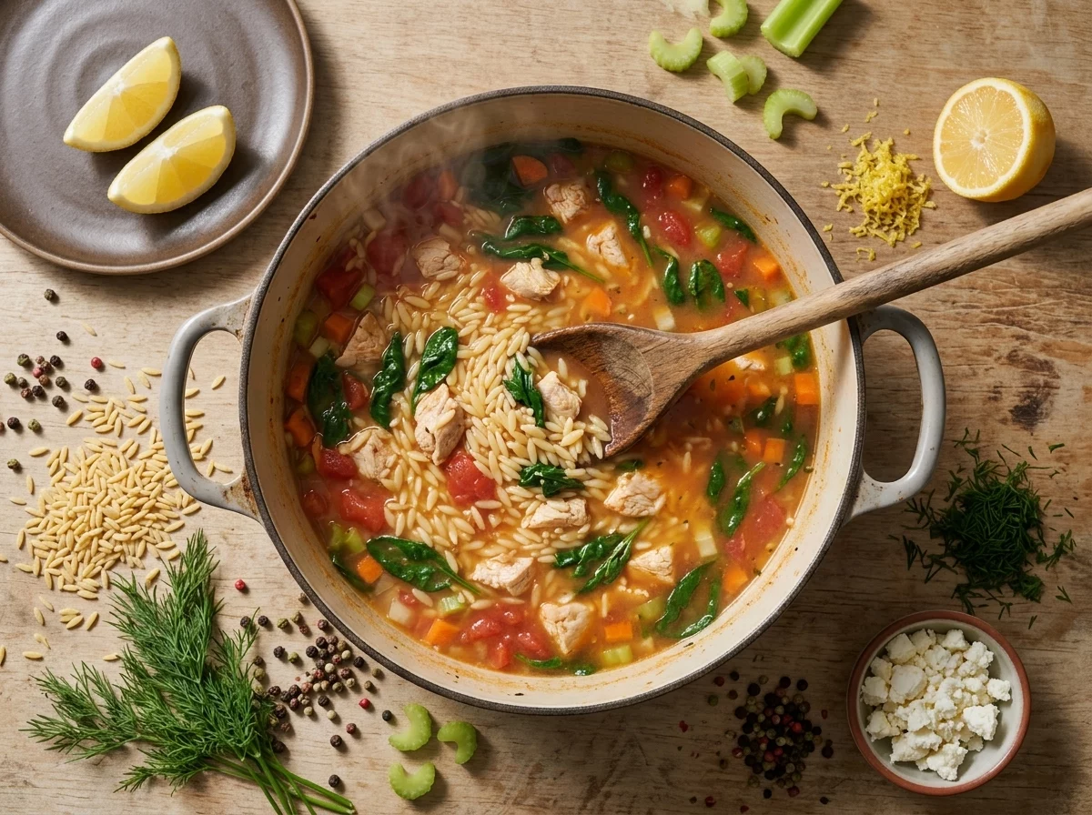 Wooden spoon stirring orzo and chunks of chicken into simmering tomato broth in a dutch oven on the stove