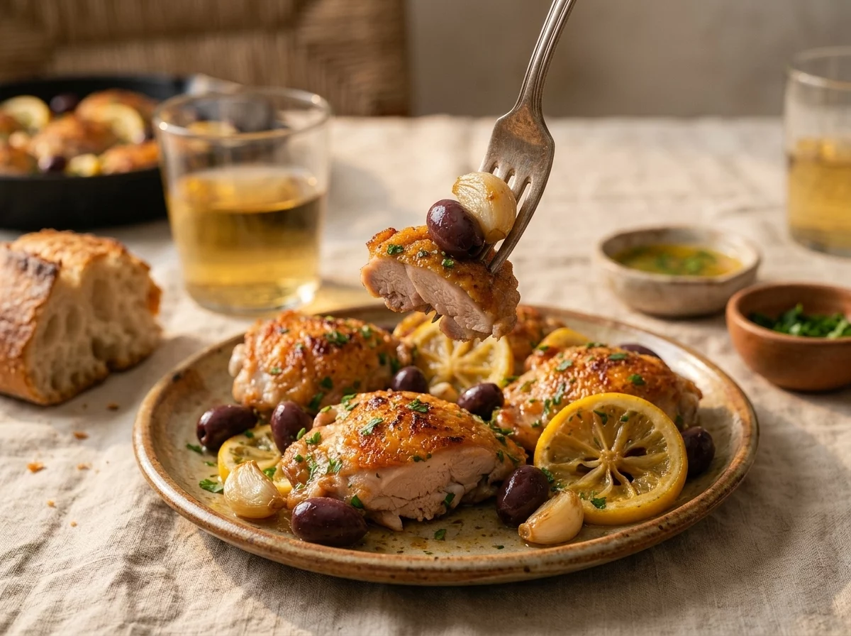 A plate of roasted chicken thighs with olives and crusty bread on a linen-covered table, glass of white wine nearby.
