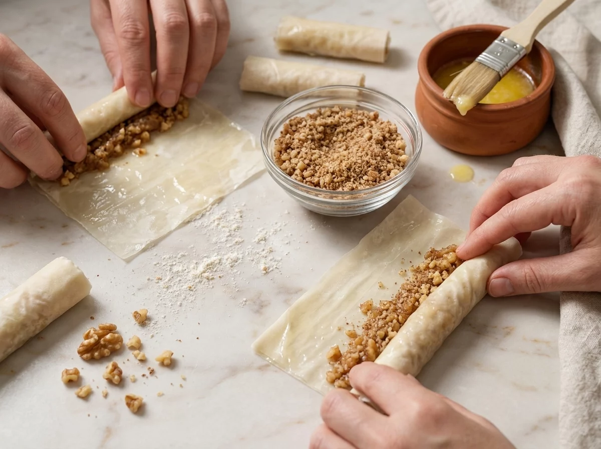 Hands rolling walnut and cinnamon filling into a filo strip on a marble counter, melted butter brush resting nearby