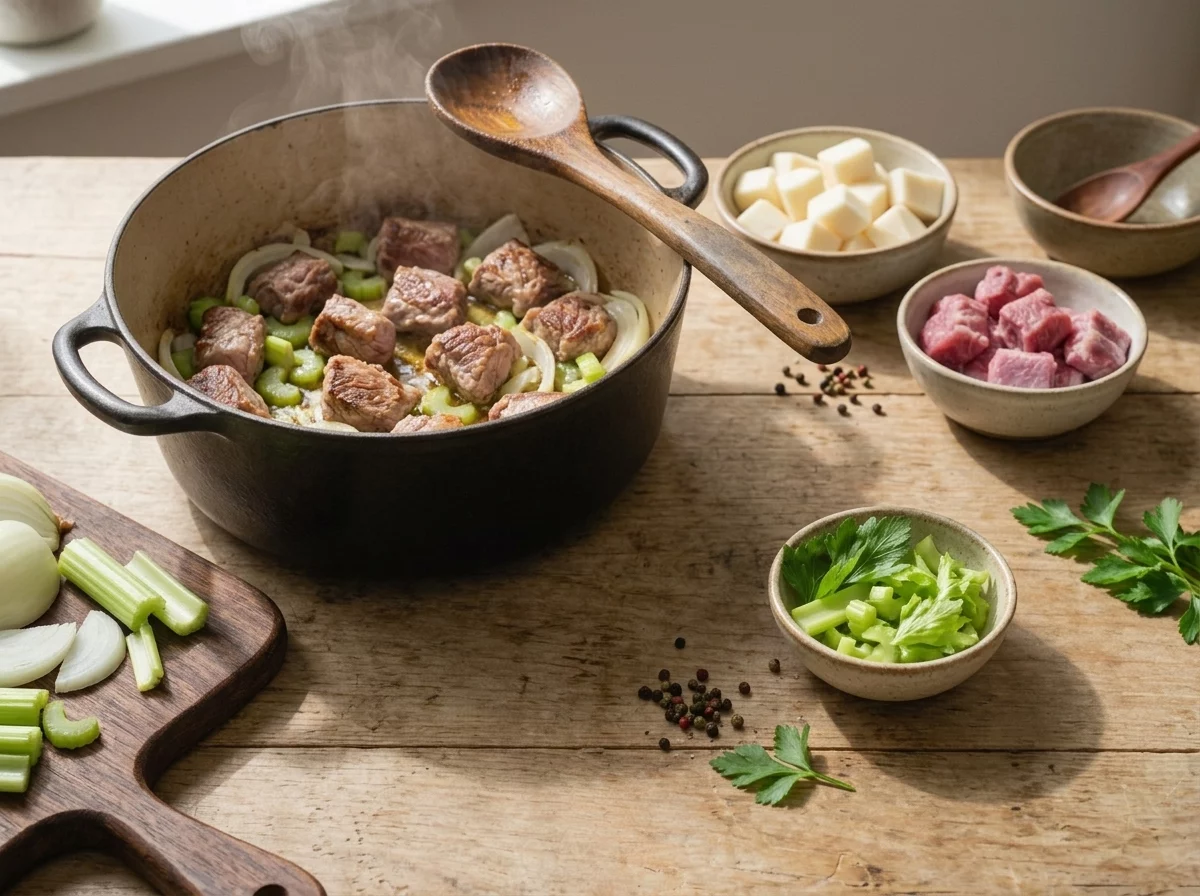 Pork shoulder browning in a dutch oven alongside sliced celery and onion before the kolokasi stew is assembled
