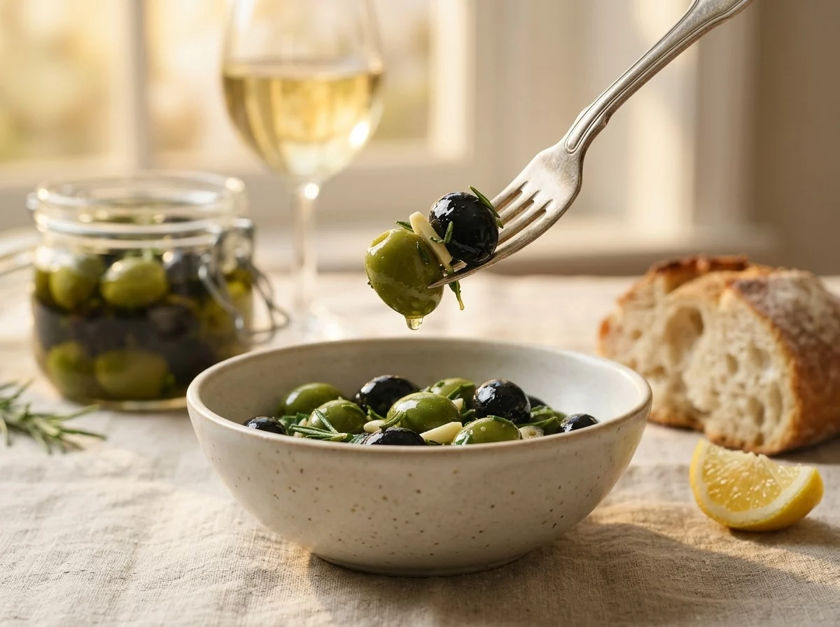 A wooden table set with a jar of marinated olives, torn bread, and a glass of wine in warm afternoon light.