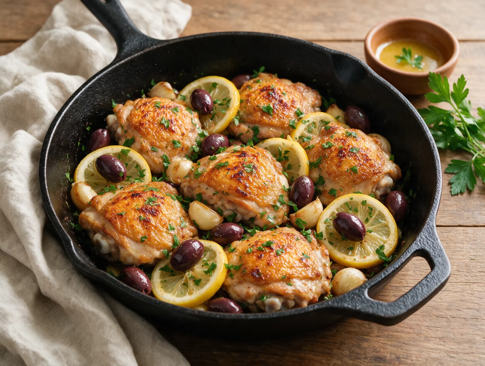 Top-down view of crisp chicken thighs in a skillet with lemon slices, olives, and parsley, warm light.