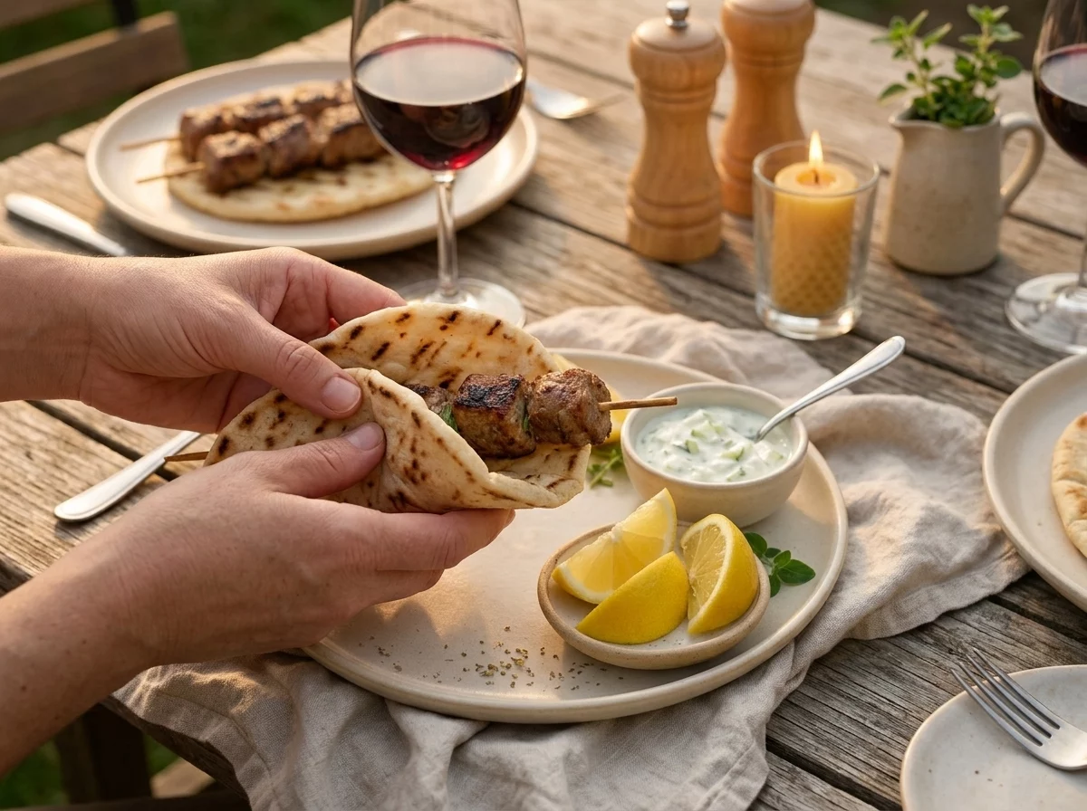 A hand wraps warm pita around a grilled pork skewer at a rustic outdoor table set with lemon and salad.