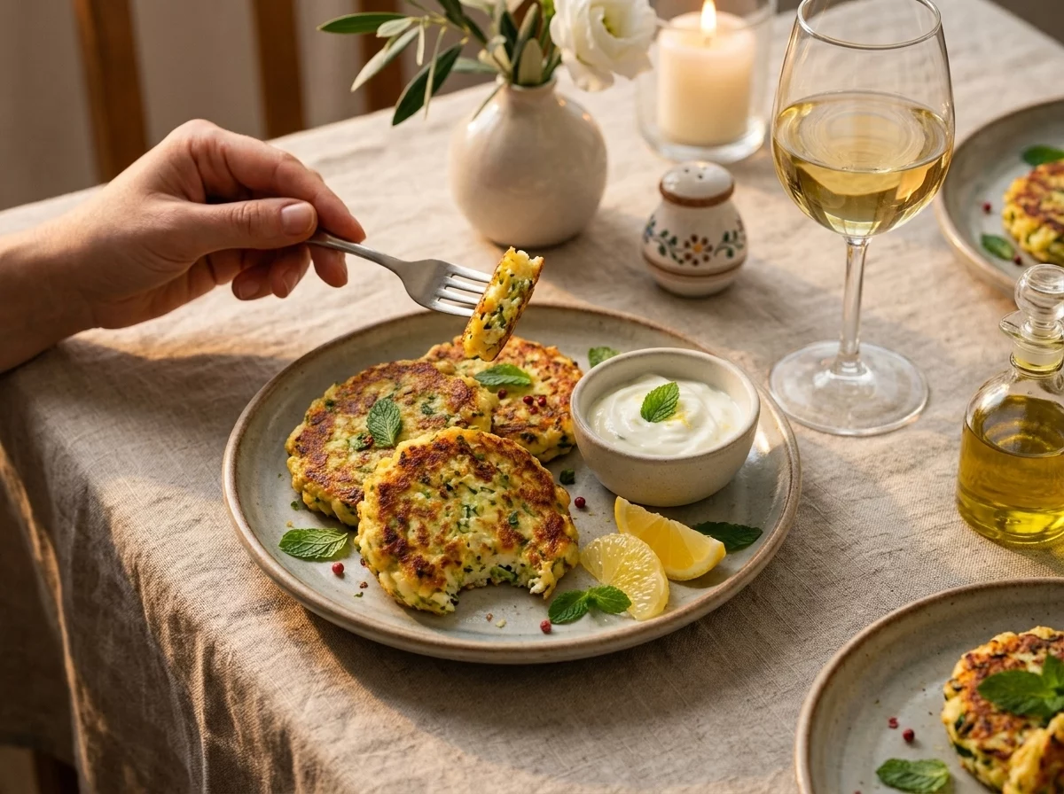 A hand reaching for a halloumi courgette fritter on a linen-covered table with yogurt sauce and wine