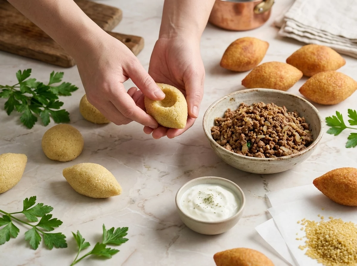 Hands shaping bulgur dough into a hollow shell over a marble counter with a bowl of cooked meat filling nearby
