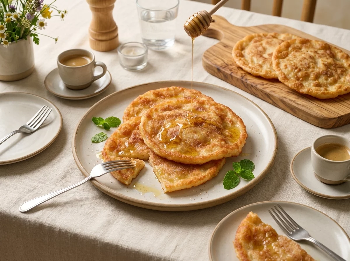 A plate of warm katimeria pancakes served with coffee on a linen-covered table, honey being drizzled over top